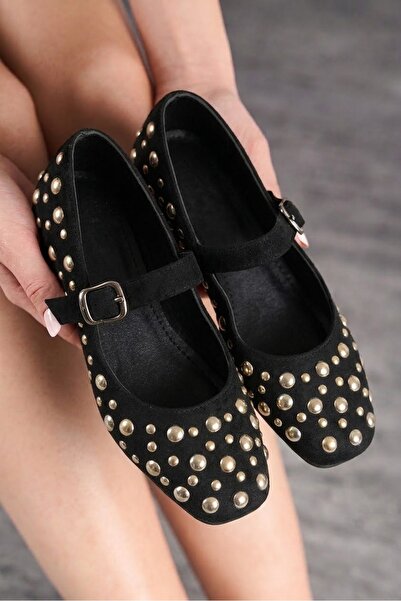 İmerShoes Καθημερινά μαύρα γυναικεία φλατ παπούτσια Trock μονό λουράκι με χρυ...