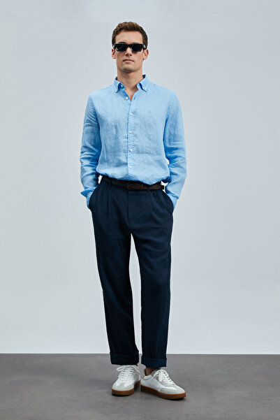 Lufian Pitaya Men's Linen Shirt Comfort Fit Blue