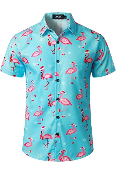Jogal Cămașă hawaiană pentru bărbați, cu mânecă scurtă, imprimeu cu flamingo,...