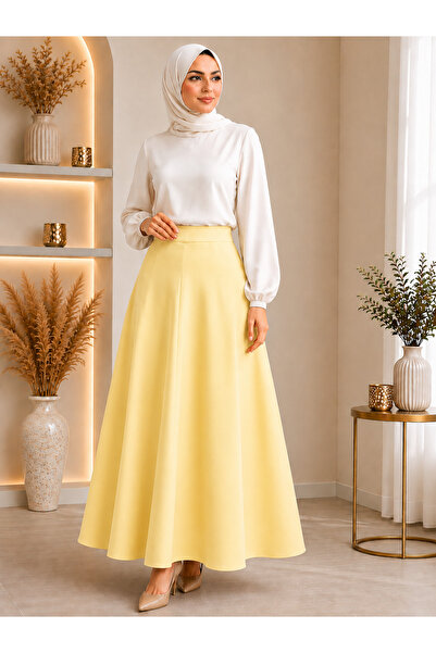 Olse Women's Butter Yellow Knitted Scuba Crepe Hijab and Casual Skirt Length:...