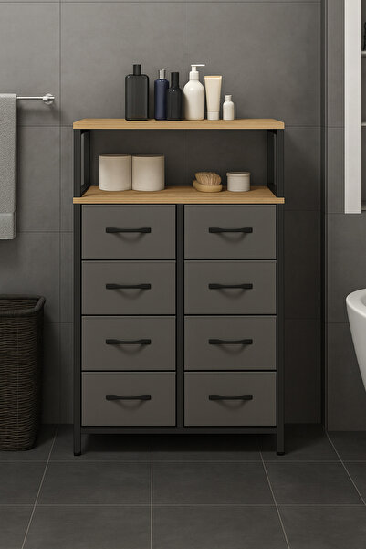 moniev 2 Raflı 8 Çekmeceli Banyo Düzenleyici Banyo Dolabı Deri Çekmeceli Bany...