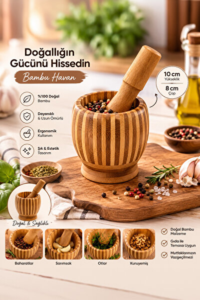 Porsima Doğal Bambu Havan - Sarımsak Döveceği Ahşap Sarımsak Ezici Havan Döveç