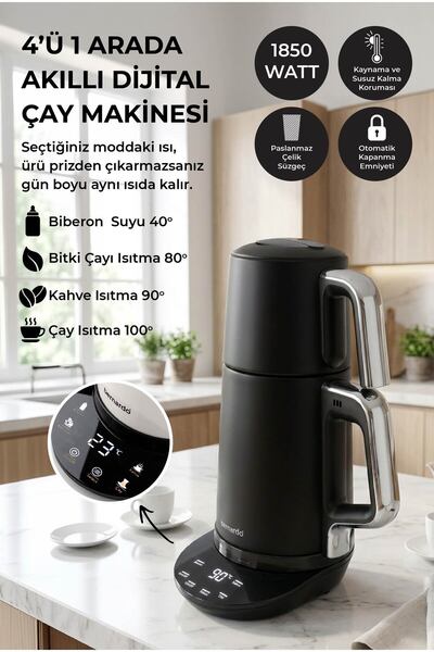 Bernardo Nova Dijital Akıllı Çelik Demlikli 1800 W Çay Makinesi ve Kettle Siy...