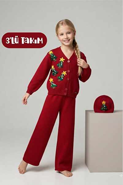 Hilal Akıncı Kids Girl's New Year Themed Knitwear Cardigan Beret Trousers 3-P...