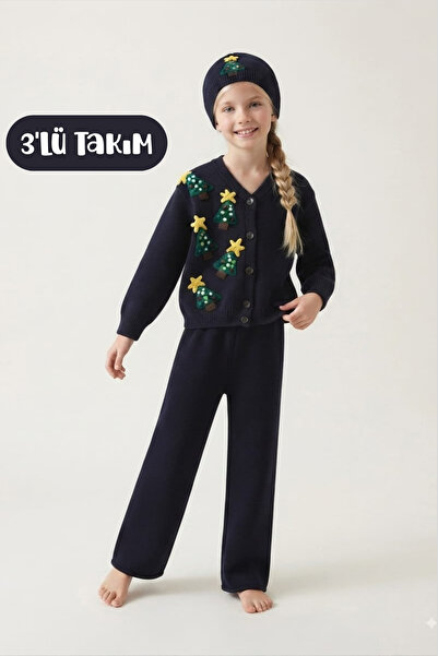 Hilal Akıncı Kids Girl's New Year Themed Knitwear Cardigan Beret Trousers 3-P...