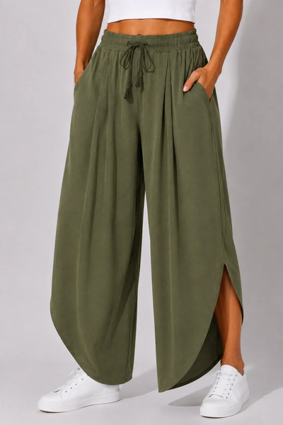 bysoca Women's Khaki Linen Slit Double Breasted Bohemian Pinterest Wide Leg S...