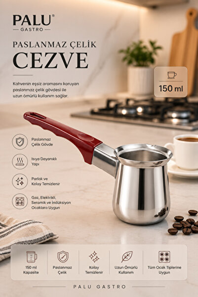 PALU GASTRO Paslanmaz Çelik Cezve Isıya Dayanıklı Kulplu Türk Kahvesi Cezvesi