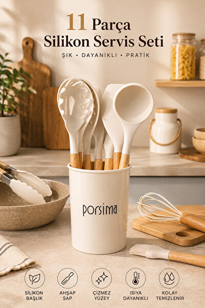 Porsima 3163 Standlı Bambu Ahşap Saplı Silikon 11 Parça Servis Takımı Seti Beyaz