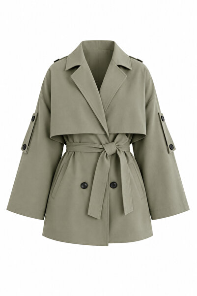 Laluvia Khaki Oversize Low Shoulder Short Trench - 9580