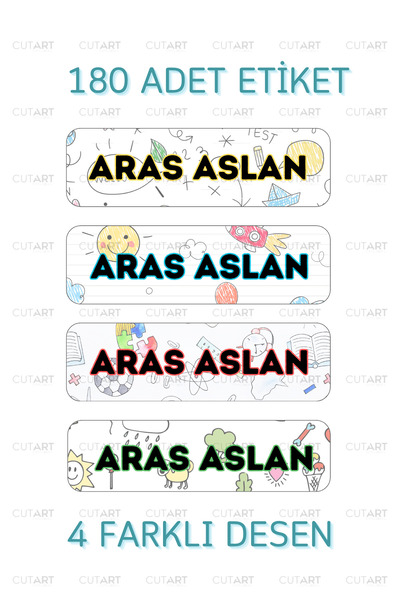 İsme Özel Hazır Kesim Etiket, Okul Etiketi Kalem Etiketi Defter Etiketi 180 ADET Desenli