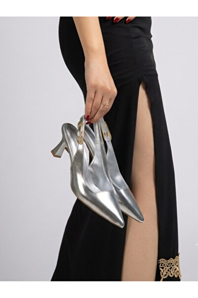 vanorio Silver Gold Buckle Women's Pointed Open-Back Heeled Shoes