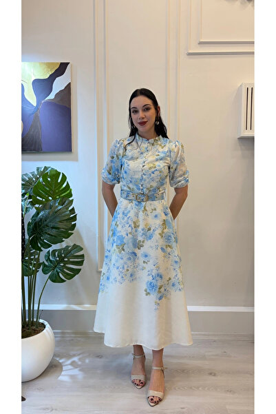 SHIN Butik SHIN Kemer Detaylı Çiçek Desenli Vintage Midi Elbise