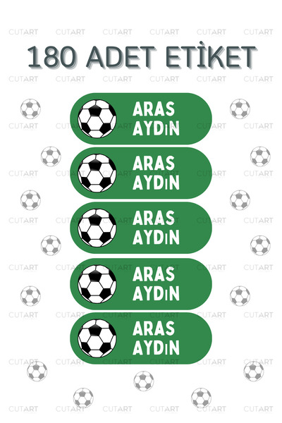 İsme Özel Hazır Kesim Etiket, Okul Etiketi Kalem Etiketi Defter Etiketi 180 Adet Futbol Topu Desenli