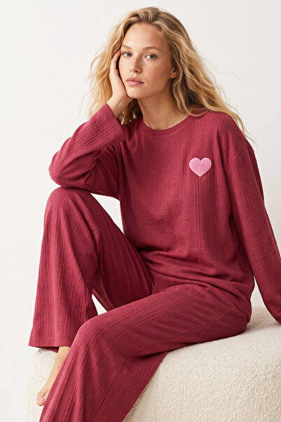 Siyah İnci vişne Kalp nakışlı Fitilli Yumuşak Tuşe Örme Pijama Takım