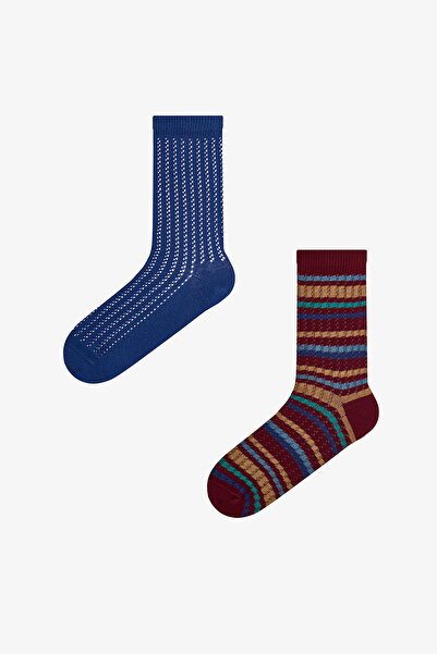 Penti Bordo Lacivert Vintage Lines Çizgili Pamuklu 2 Çift Soket Çorap