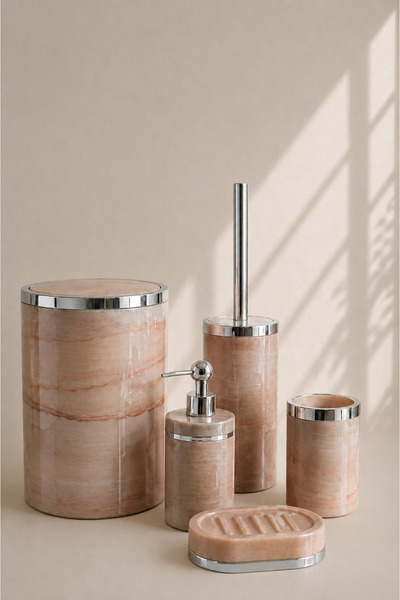 TrendBanyoMutfak 5 Piece Marble Pattern Silver Bathroom Set / WC Brush Holder...