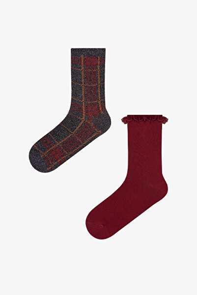 Penti Bordo Siyah Vintage Lace Çizgili Pamuklu 2 Çift Soket Çorap