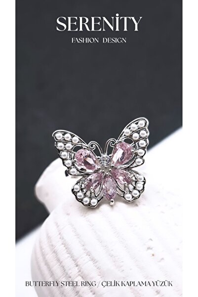 Serenity Pink White Butterfly Steel Plated Ring