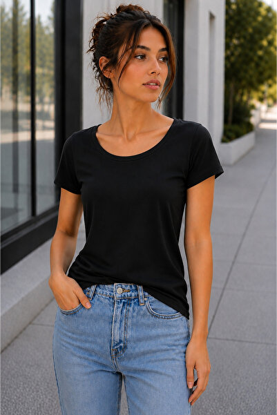 Hayalet Kadın Siyah Premium Pamuk Basic T-Shirt Oval Yaka Kısa Kollu Loose Fi...