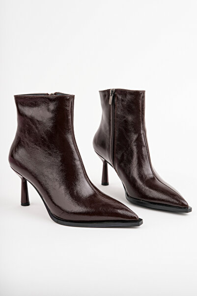 bakac store Women's Dora Brown Patent Leather Pointed Toe Heeled Boots