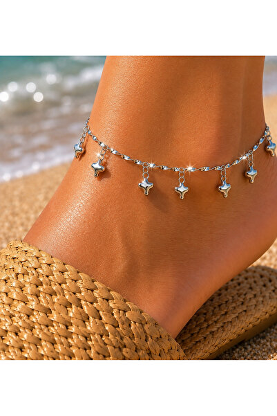 Ebravia Silver Color Heart Charm Dangle Women Anklet Adjustable Chain Stylish Foot Bracelet