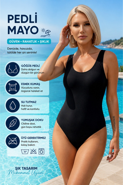 mrm pro Women's Black Solid Color Gathering Basic Swimsuit – Padded Flexible ...