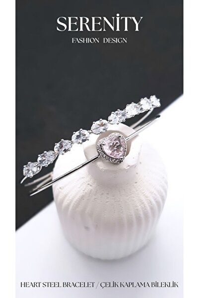 Serenity Inlaid White Stone Heart Figured Steel Plated Bracelet