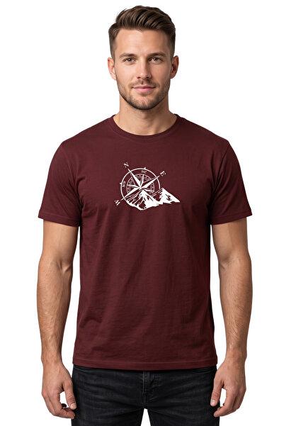 noetr Unisex Pusula ve Dağ Grafik Baskılı %100 Pamuklu Outdoor Tasarım Tişört