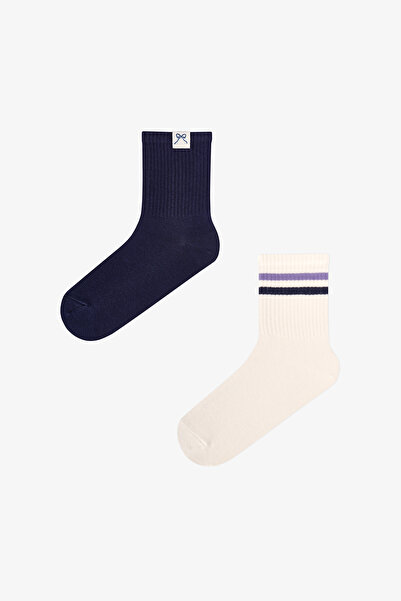 Penti White Navy Blue Back Collage Striped Cotton 2 Pairs of Socks