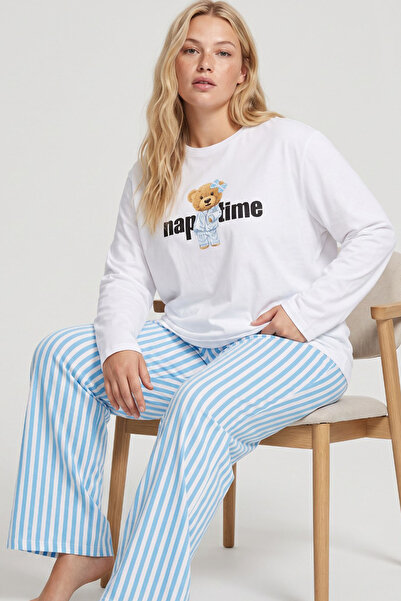 Siyah İnci White Blue Line Patterned Curve Plus Size Oversize Knitted Cotton ...