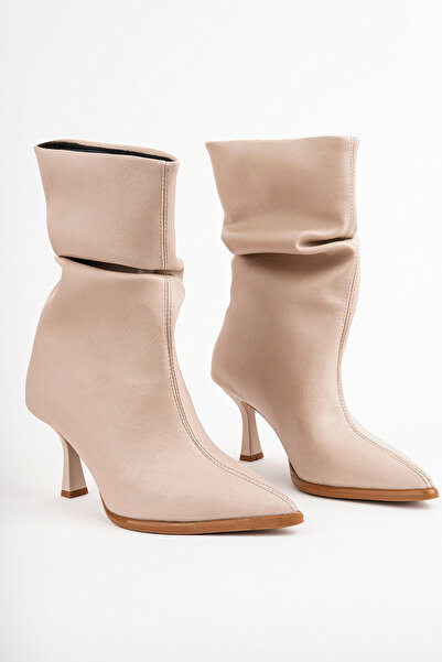 bakac store Women's Beige Gathered Leather Heeled Boots