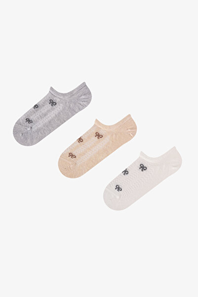 Penti Gri Bej Ribbon Jakarlı Fiyonk Desenli Pamuklu 3 Çift Sneaker Çorap