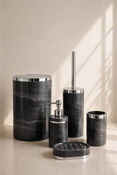 TrendBanyoMutfak 5 Piece Marble Pattern Silver Bathroom Set / WC Brush Holder...