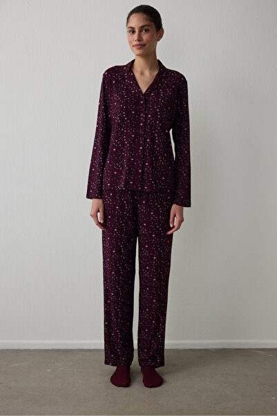 Penti Burgundy Leopard Printed Corded Fabric Shirt Collar Long Sleeve Pajama Set