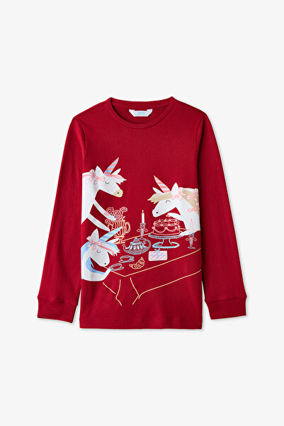 Penti Red Girl's Table Unicorn Patterned Long Sleeve Thermal Piece Pajama Set