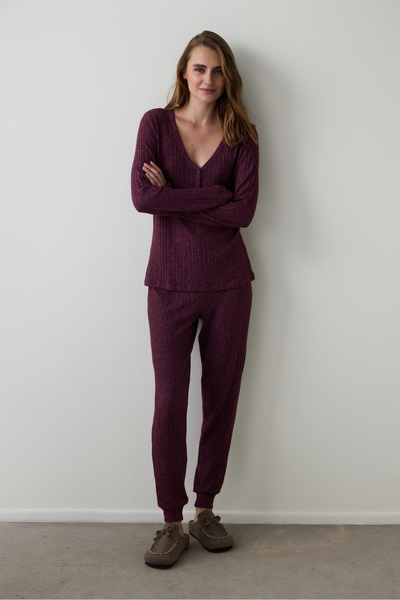 Penti Bordo Cozy Time V Yaka Uzun Kollu Termal Etkili Pijama Takımı