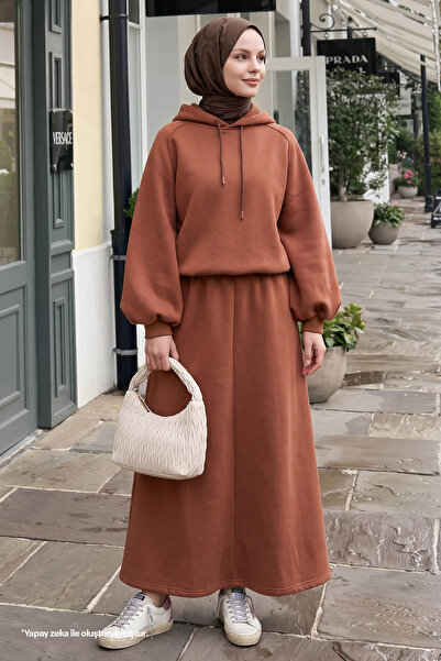 InStyle Camel Suit with Balloon Sleeve Sweat Skirt