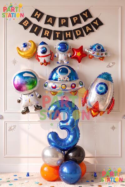 Parti Station Space Space Concept 3 Age Balloon Set Astronaut Rocket Birthday...