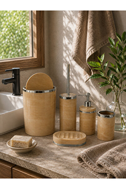 TrendBanyoMutfak 5 Piece Marble Pattern Silver Bathroom Set / WC Brush Holder...
