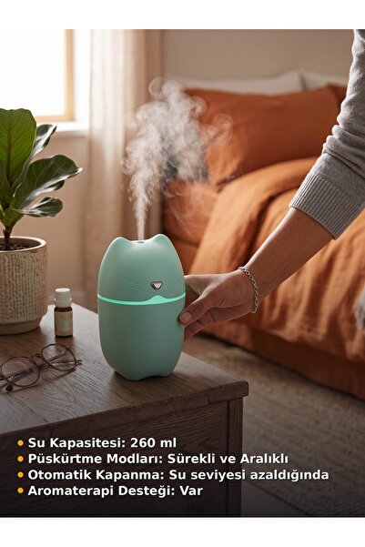 Tiffany Kedi Şekilli Yeşil Hava Nemlendirici Taşınabilir Buhar Makinesi Aroma...