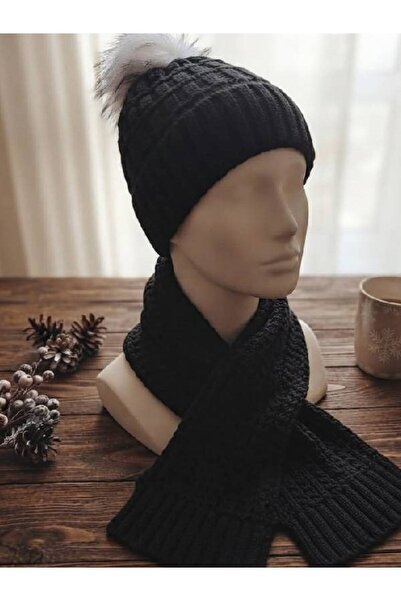 EDWOL Women's Scarf and Beanie Set Double Knitted Black