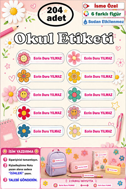 GSticker İsme Özel Okul Etiketi İsim Etiketi Kalem Defter Etiketi Sticker Pap...