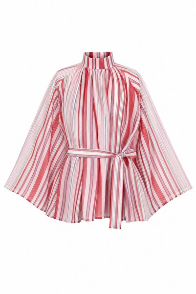 Modamorfo Hakim Yaka Striped Lined Oversize Thin Voile Tunic - Dried Rose