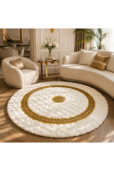 Volas Gold Detaylı Ekru Bubble Peluş Yuvarlak Halı 180x180 cm Dekoratif Salon...