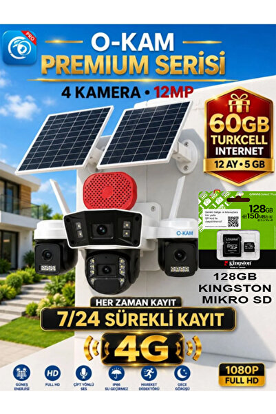 O-KAM OK335B Premium Serisi 12MP 4 Kameralı 4G Çift Solar Panel Gece Görüş 12...