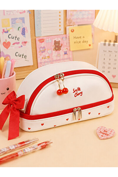 ÖZ OFİS Kawaii Smile Cherry Suni Deri Kalem Kutusu - Çok Fonksiyonlu - Çift K...