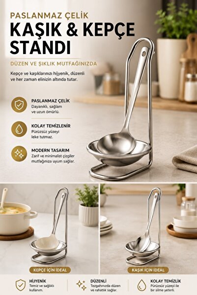 Kitchen Beauty Paslanmaz Çelik Kepçe ve Kaşık Standı – Mutfak Tezgahı İçin Oc...