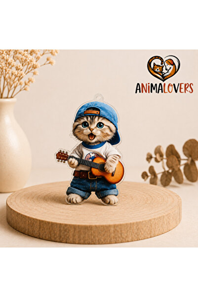 Animalovers Gitar Çalan Kedi Akrilik Anahtarlık – Kedi Figürlü Çanta Süsü