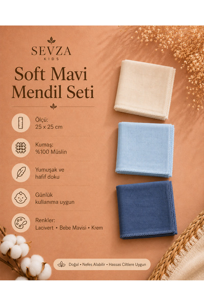 Sevza Kids 100% Cotton 7-Piece Muslin Baby Mouth Wipes Blue Set 25X25 cm