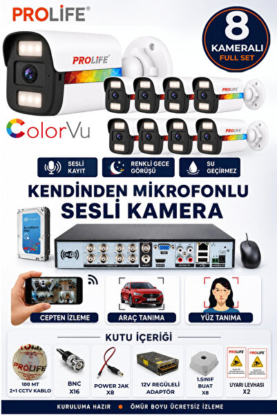 PROLİFE 8 Lİ Sesli Güvenlik Kamerası 5 Mp Gece Renkli Yüz Ve Araç Tanımalı Fu...